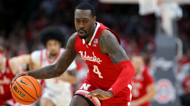 Feb 29, 2024; Columbus, Ohio, USA; Nebraska Cornhuskers forward Juwan Gary (4) controls the ball during the first half against the Ohio State Buckeyes at Value City Arena.